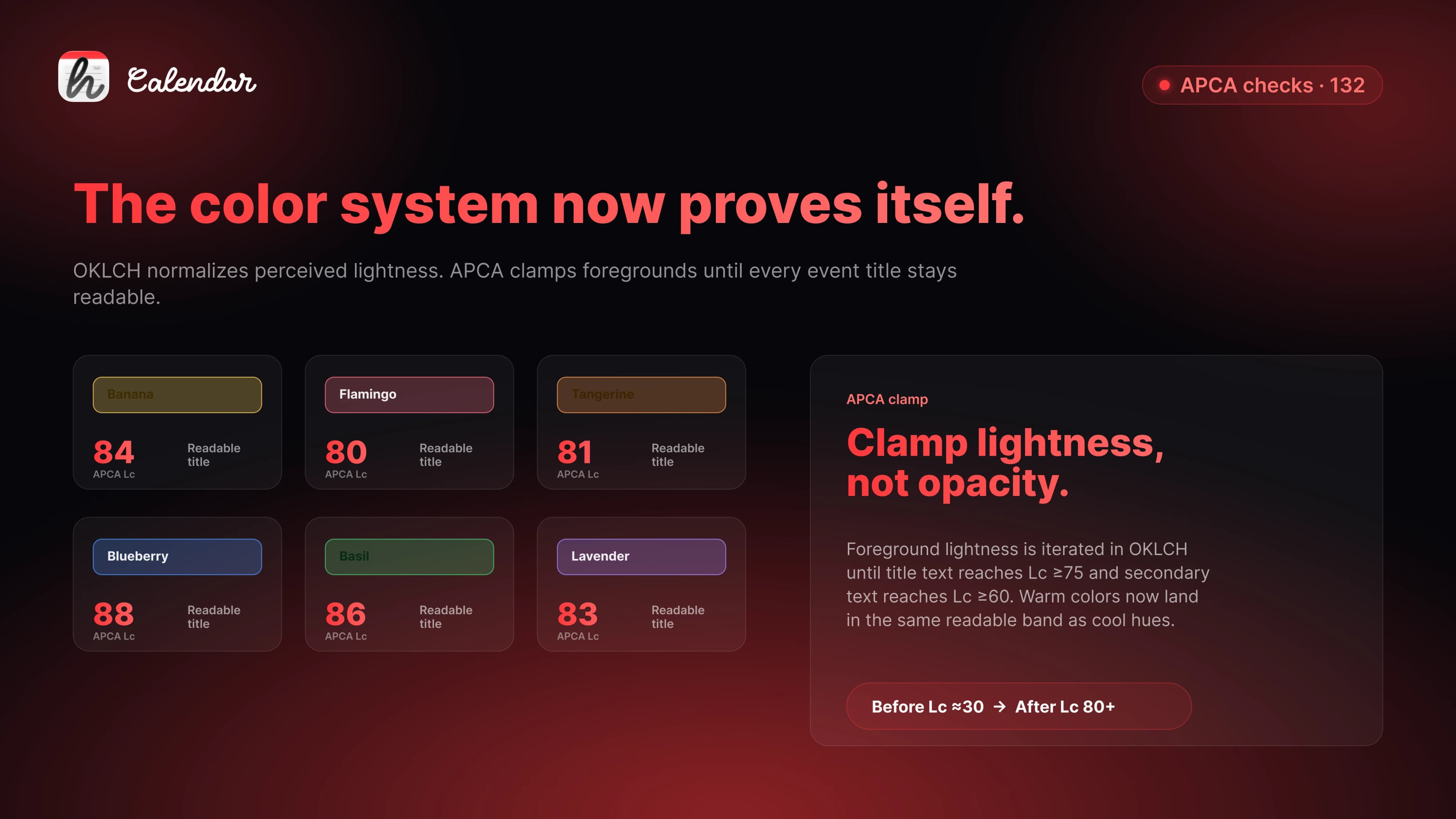 APCA contrast matrix for hora Calendar event tiles using OKLCH colors