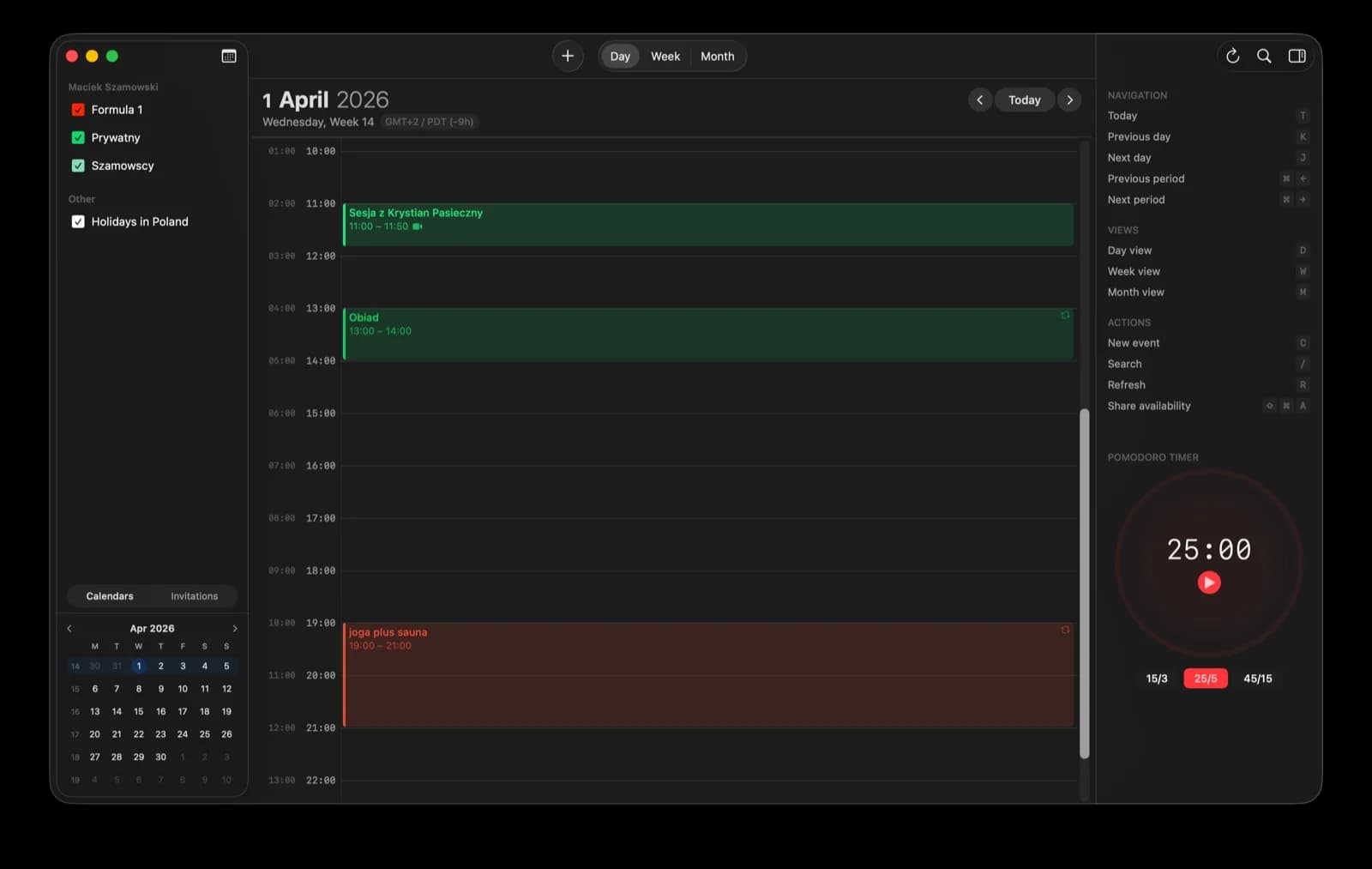 hora Calendar Day View with events, multiple calendars and color coding