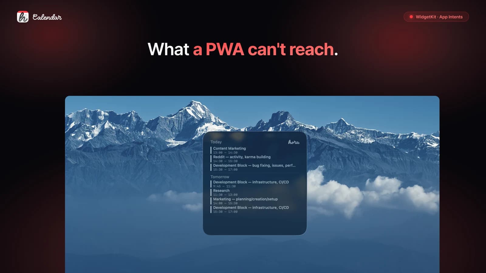 hora widgets across iOS Lock Screen, iOS Home Screen, and the Mac desktop