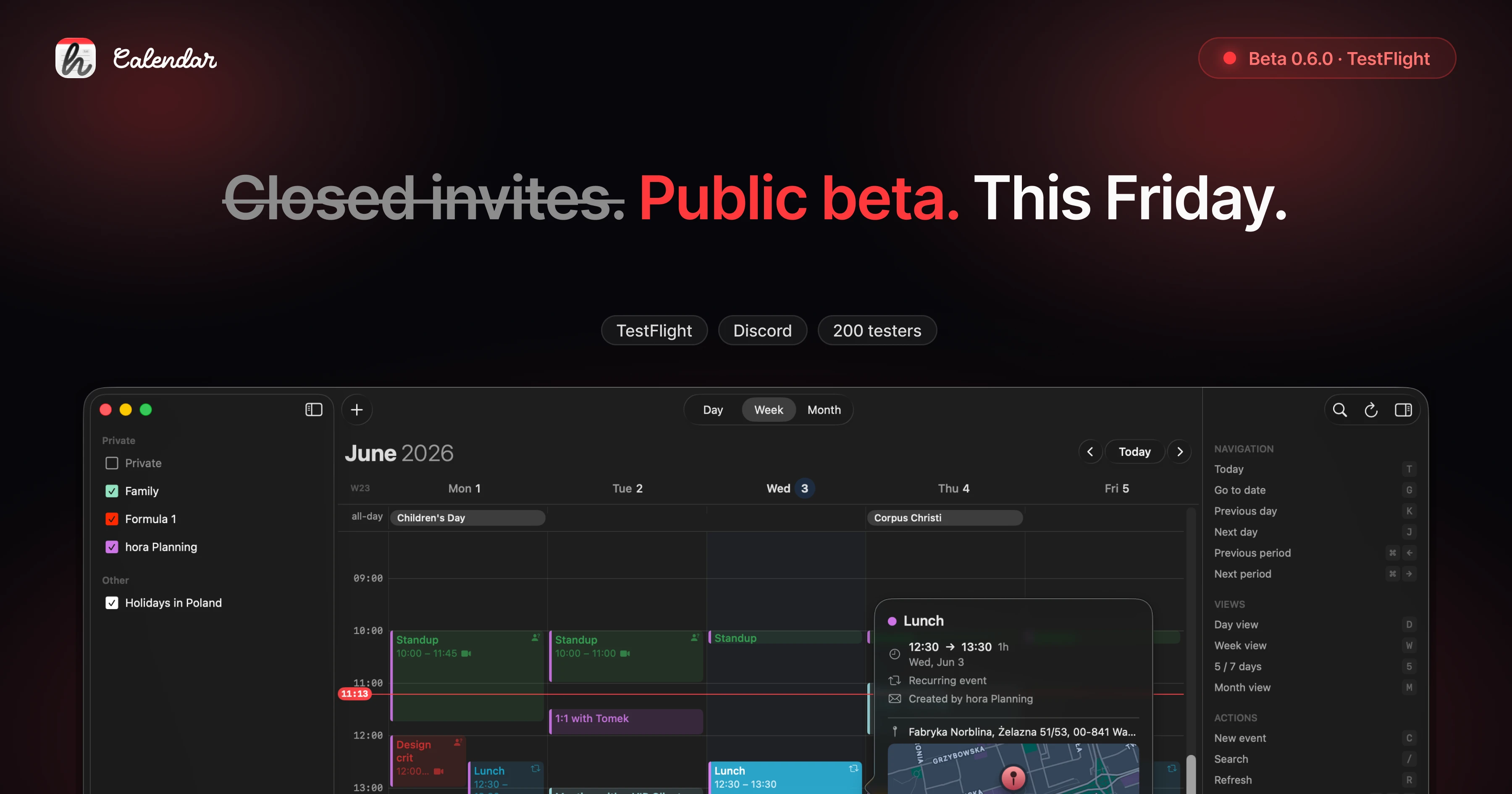 hora Calendar 0.6.0 public beta — TestFlight opens Friday