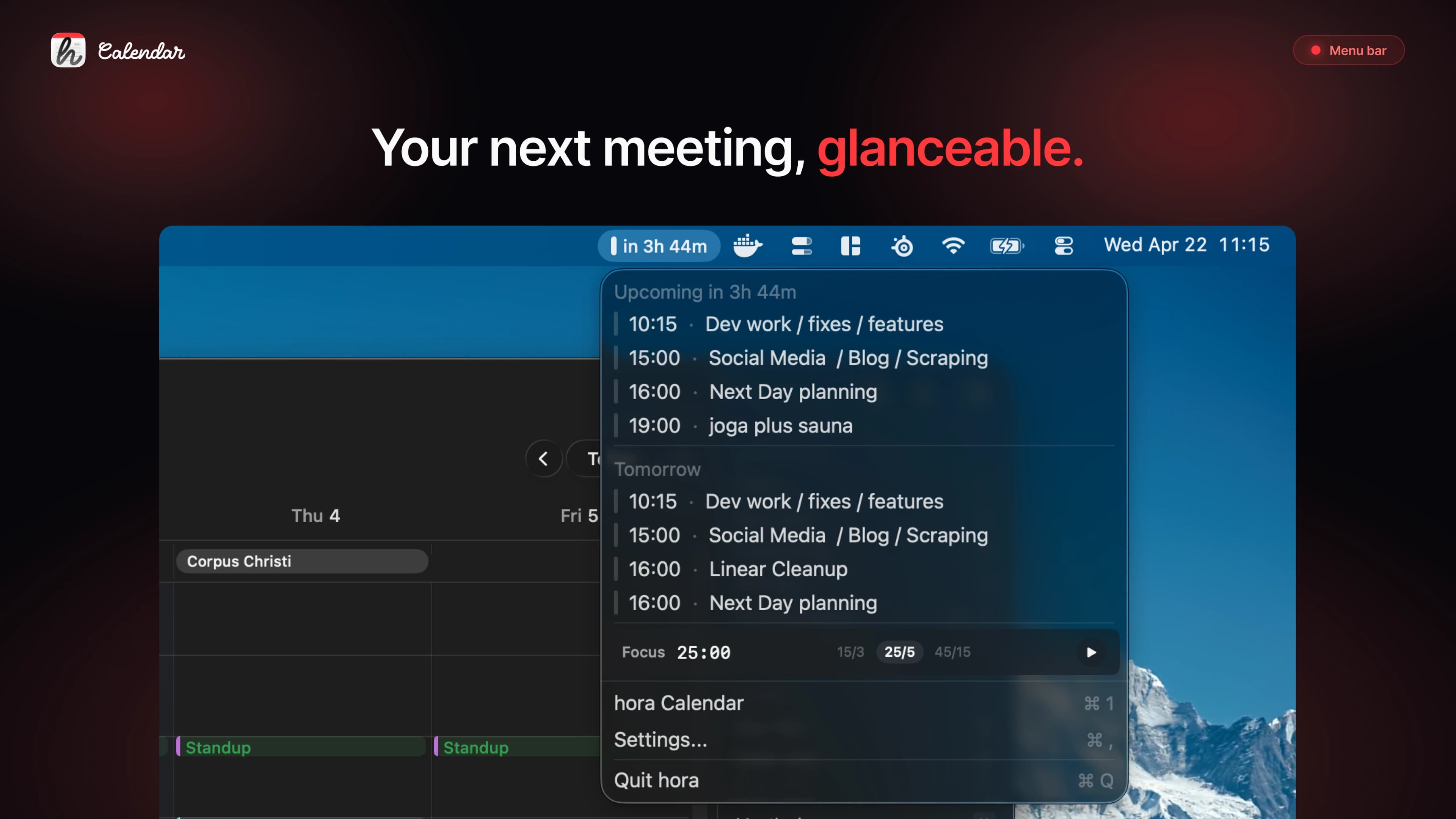 hora menu-bar extra showing the next-meeting countdown and one-click join