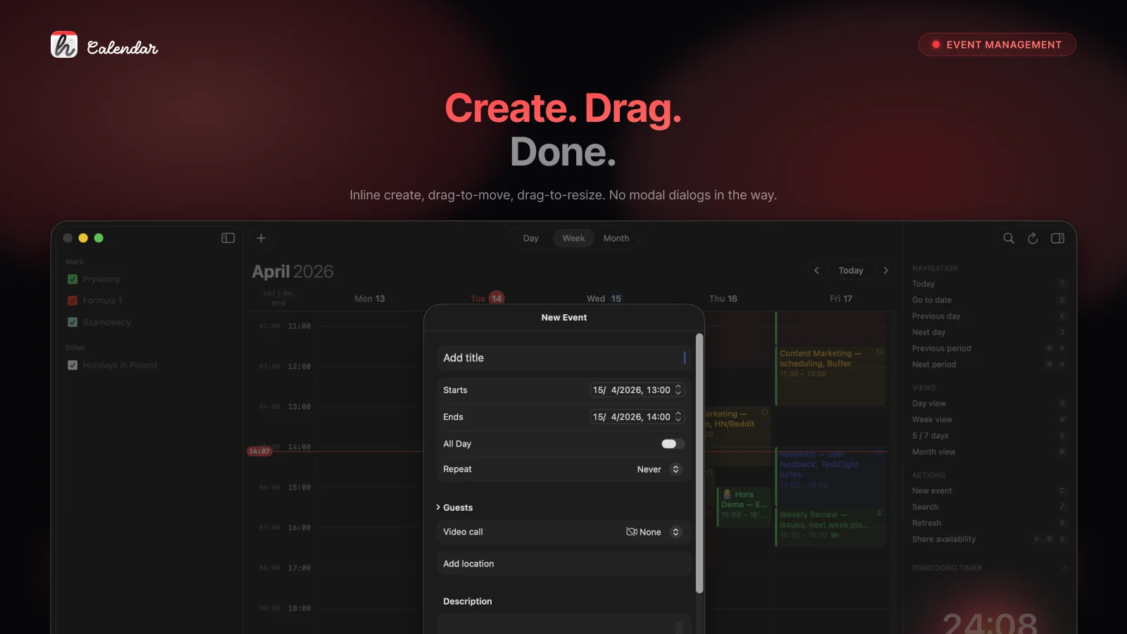 hora Calendar — Event creation and drag & drop