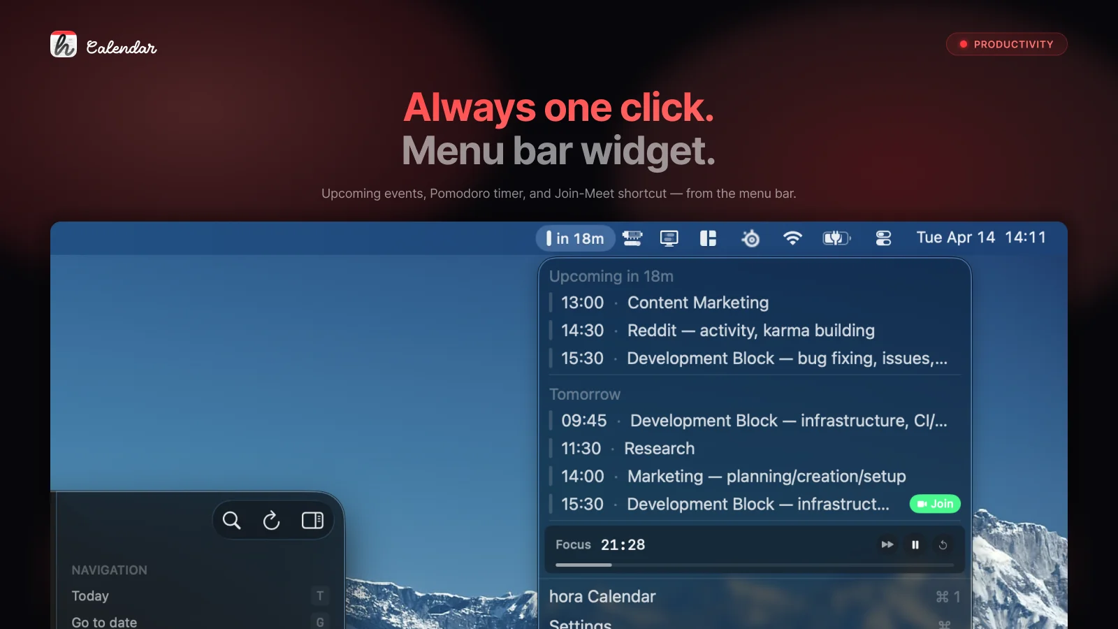 hora Calendar — Menu bar widget with upcoming events