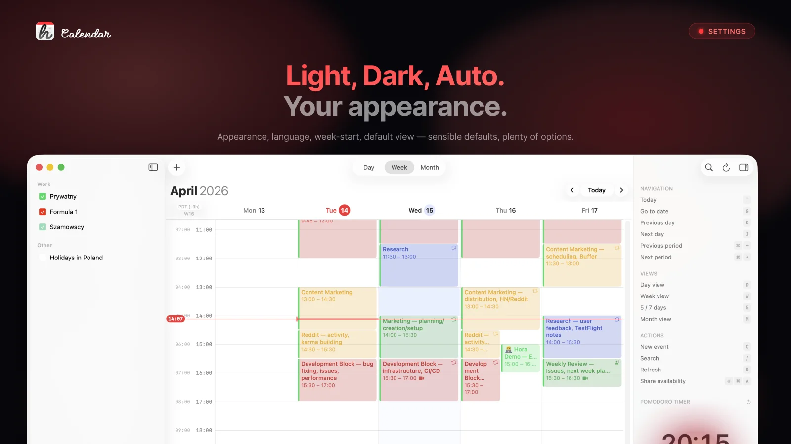 hora Calendar — Appearance and language settings
