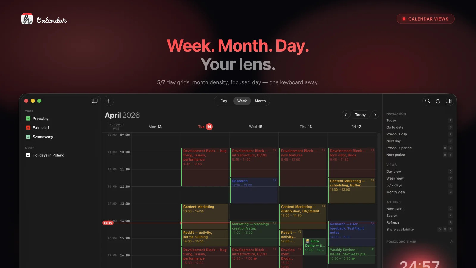 hora Calendar — Week, Month, and Day views