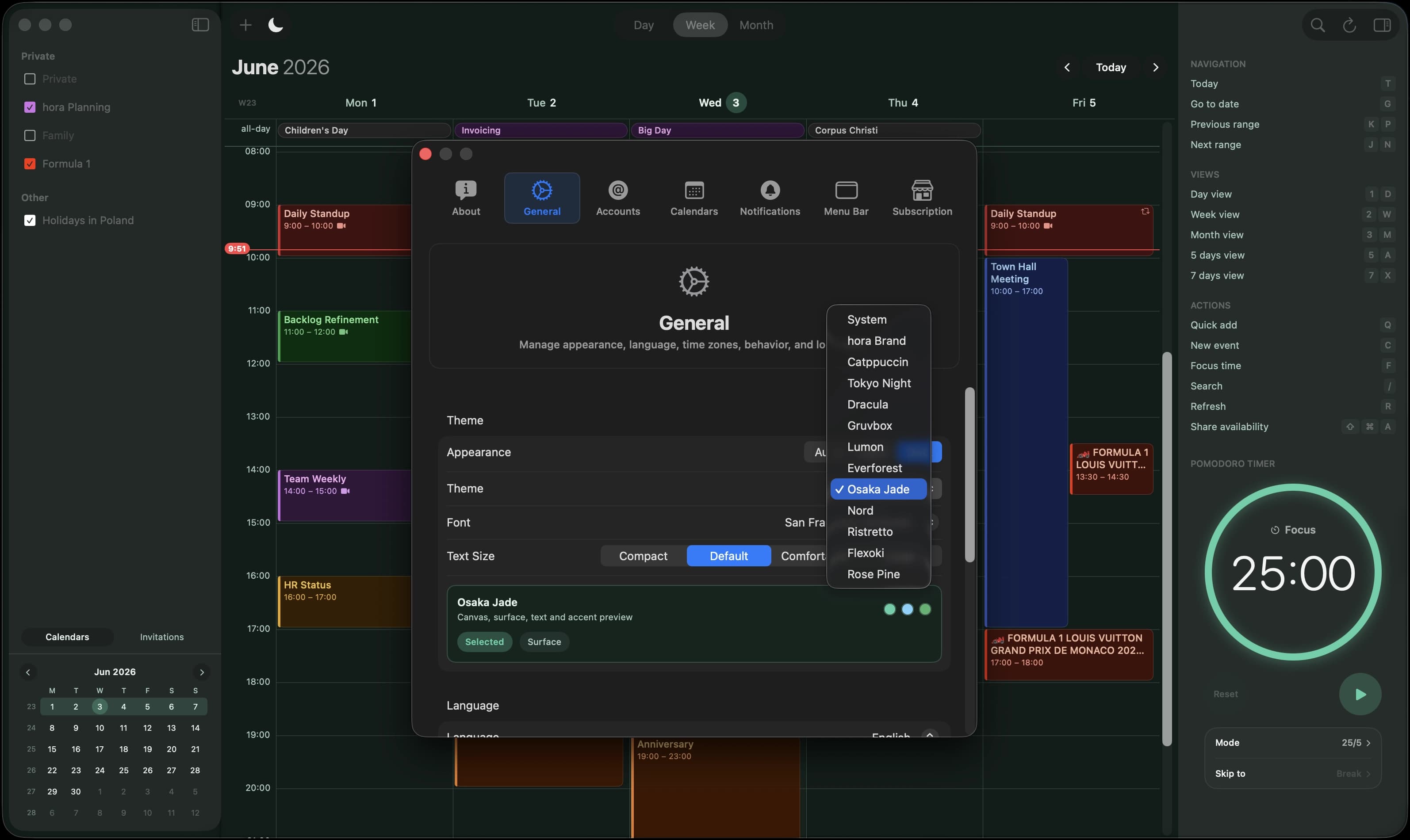 hora Calendar — Appearance and language settings