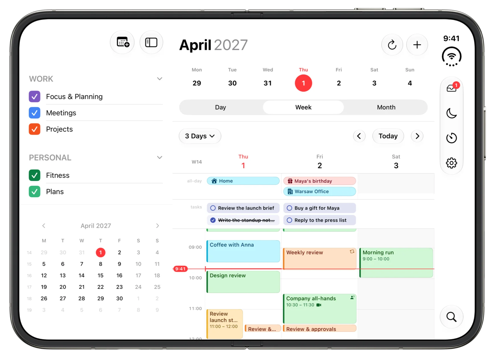 hora Calendar on iPhone Duo, unfolded
