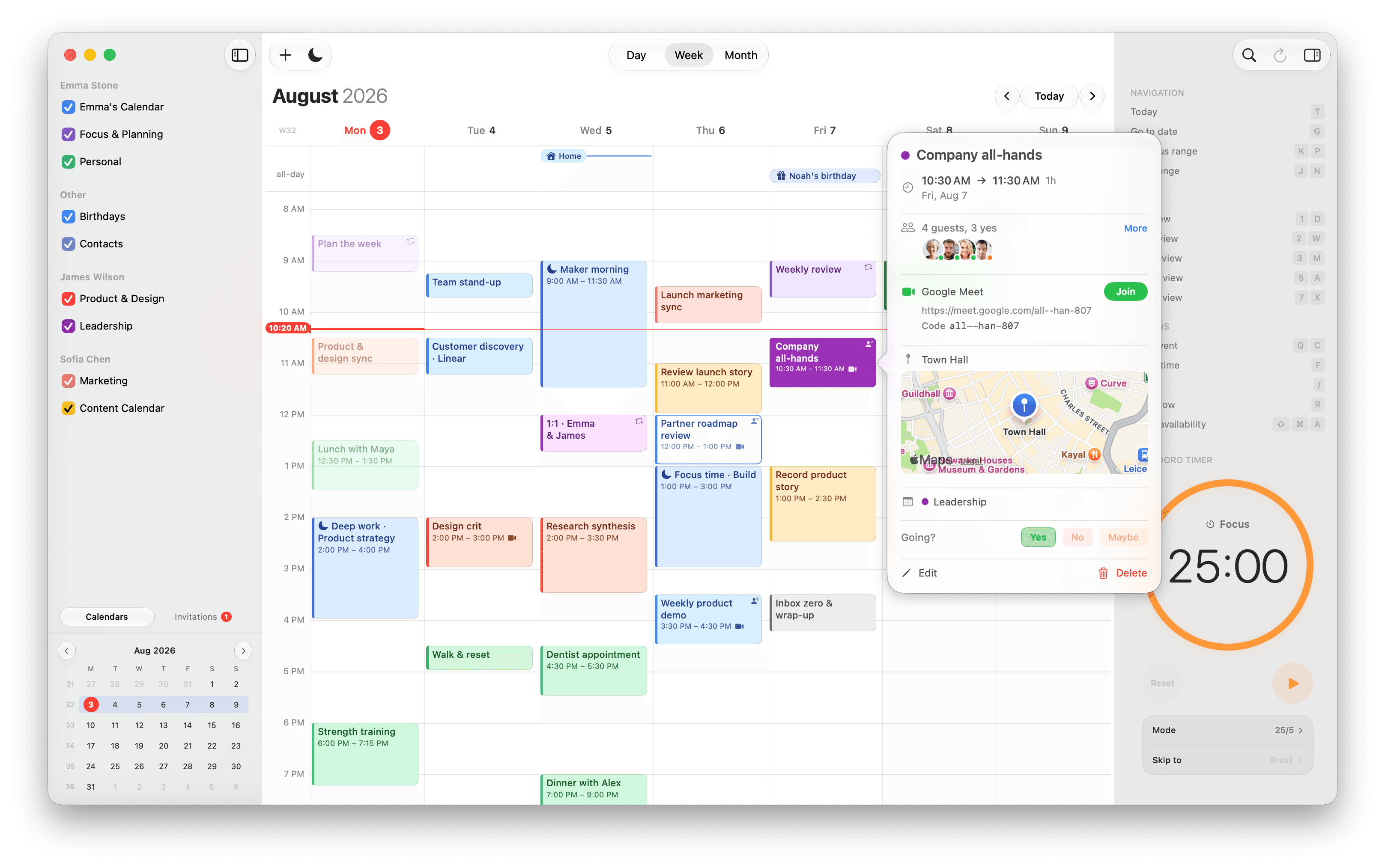 hora Calendar week view with event details, Google Meet, and focus timer