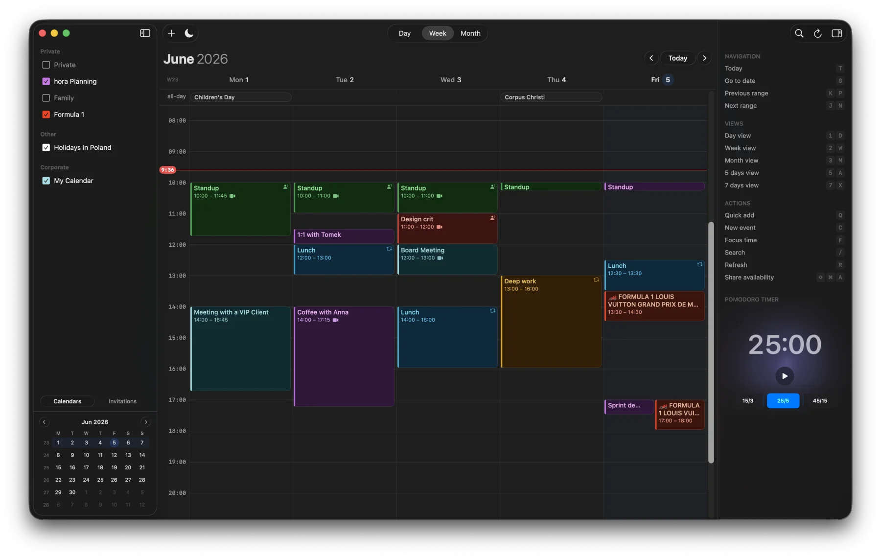 hora Calendar macOS app interface