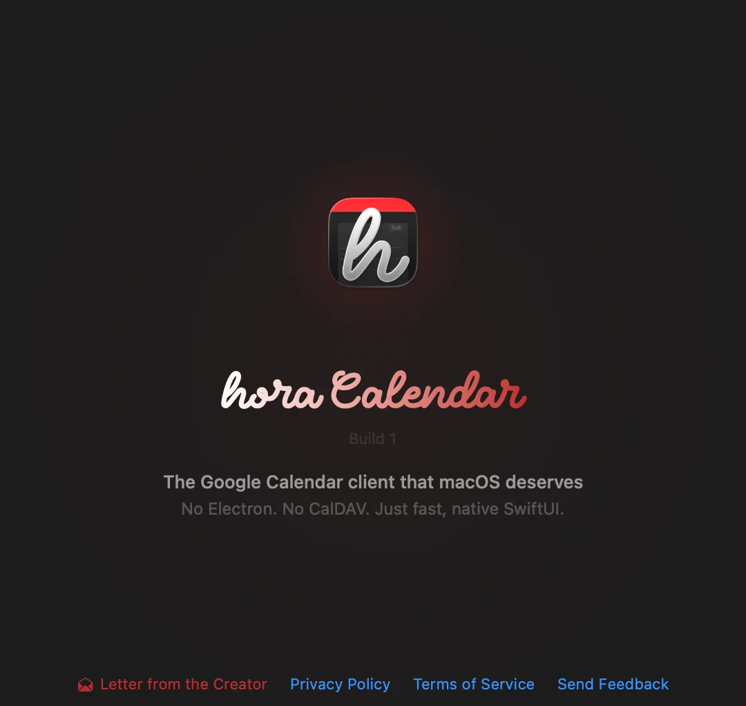 hora Calendar About screen with branded design, app icon, and tagline