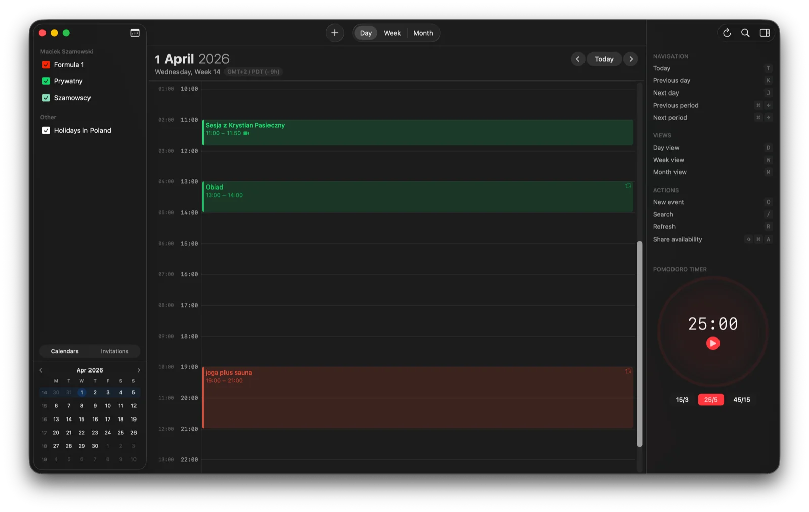hora Calendar Day View with events, multiple calendars and color coding