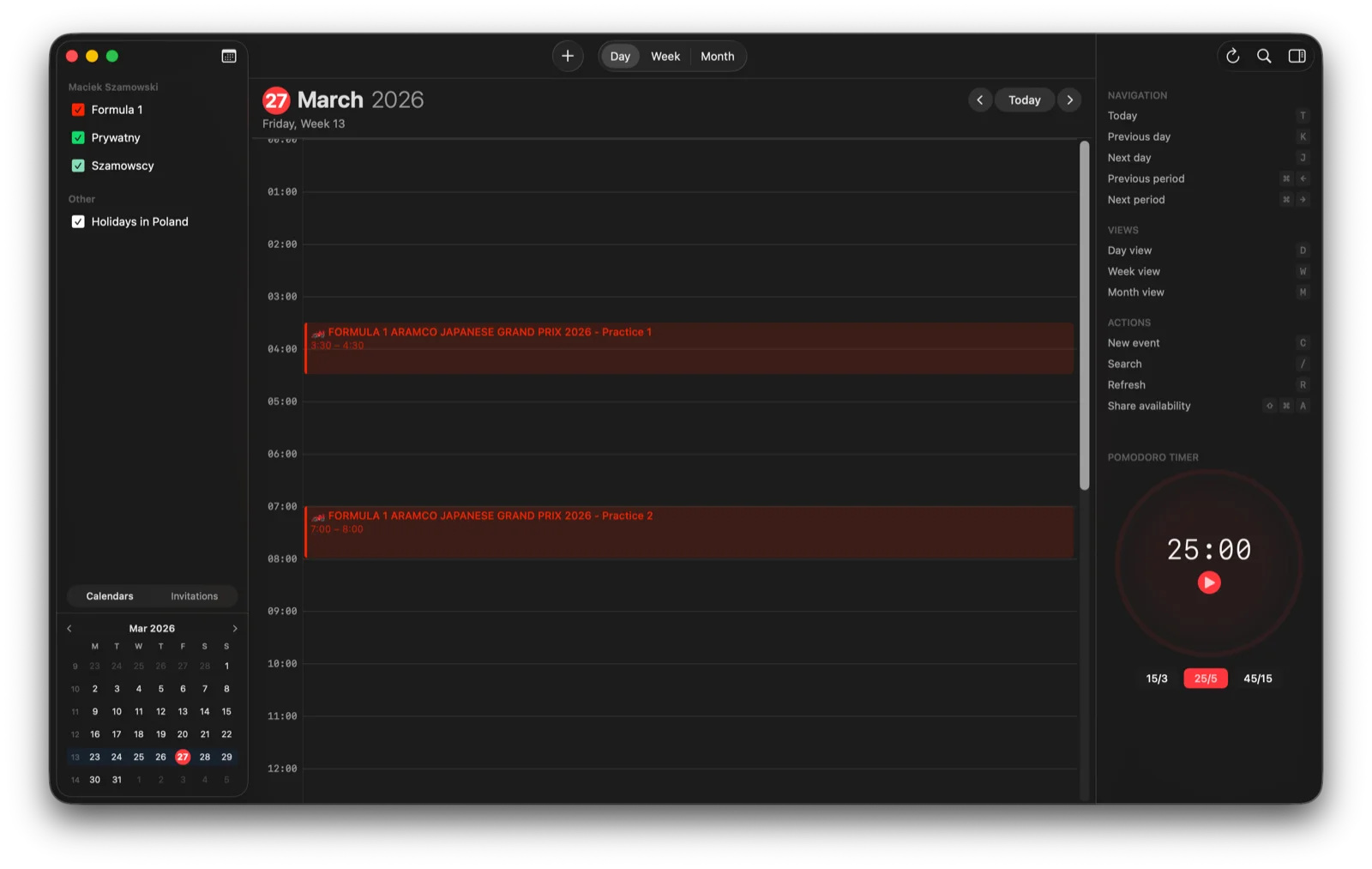 hora Calendar SwiftUI DayView showing single-day timeline with events and Pomodoro timer