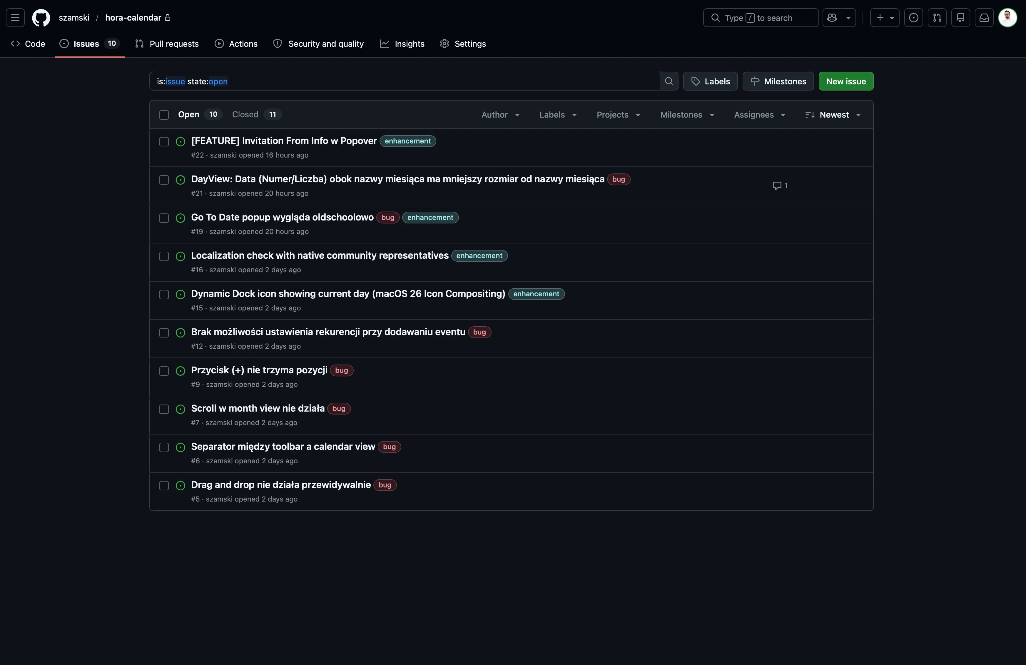 hora Calendar GitHub Issues tracking bugs and features
