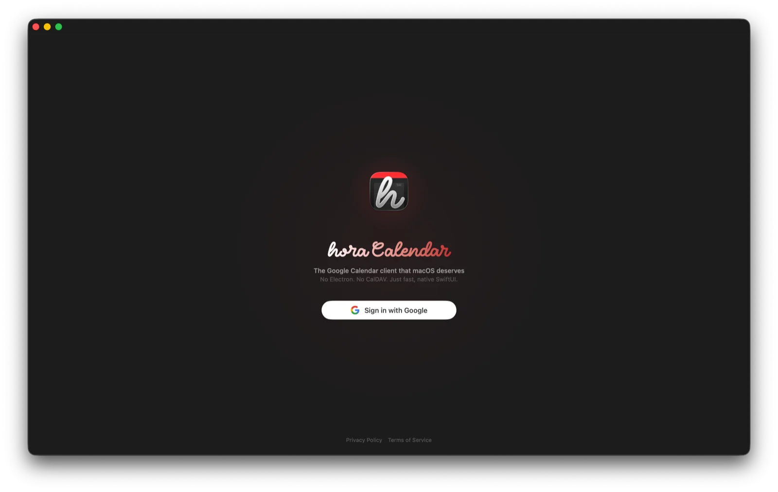 hora Calendar native macOS login screen with Google OAuth sign-in and branded design