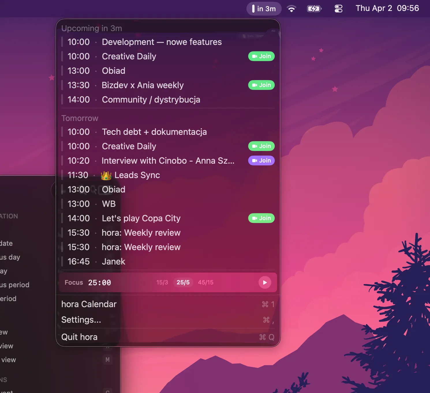 hora Calendar menu bar widget showing upcoming events