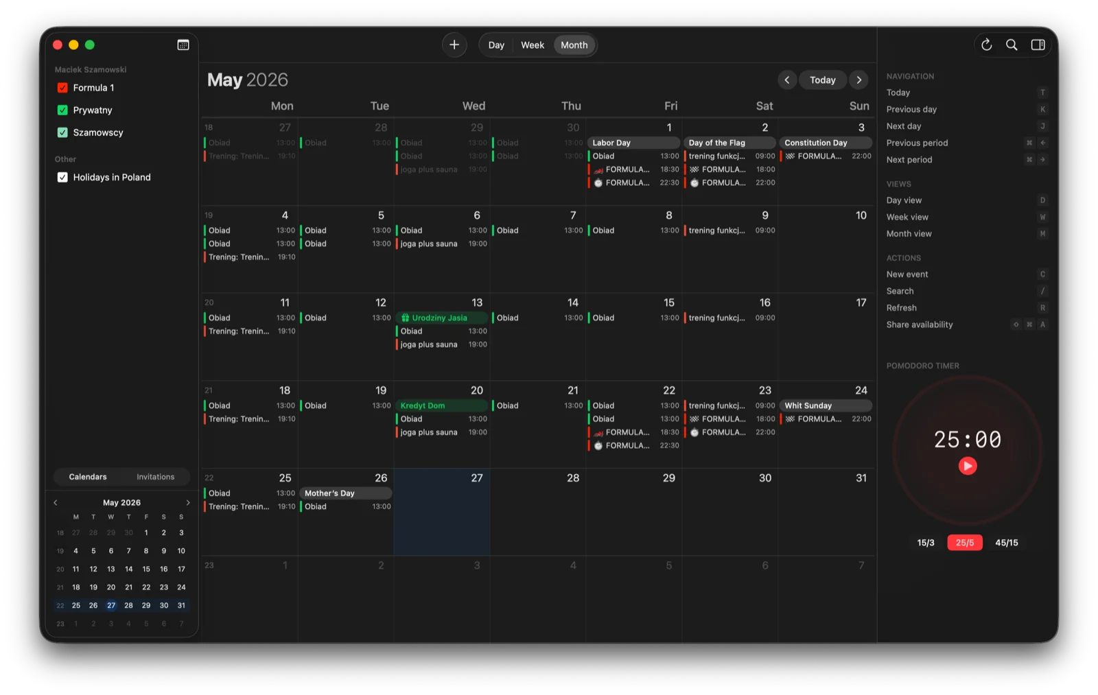 hora Calendar Month View showing May 2026 with color-coded events across multiple calendars