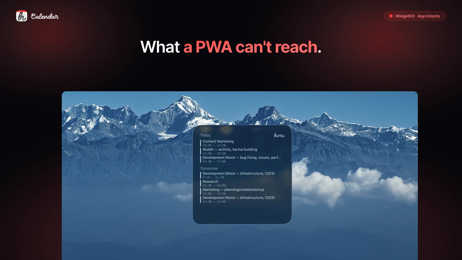hora widgets across iOS Lock Screen, iOS Home Screen, and the Mac desktop