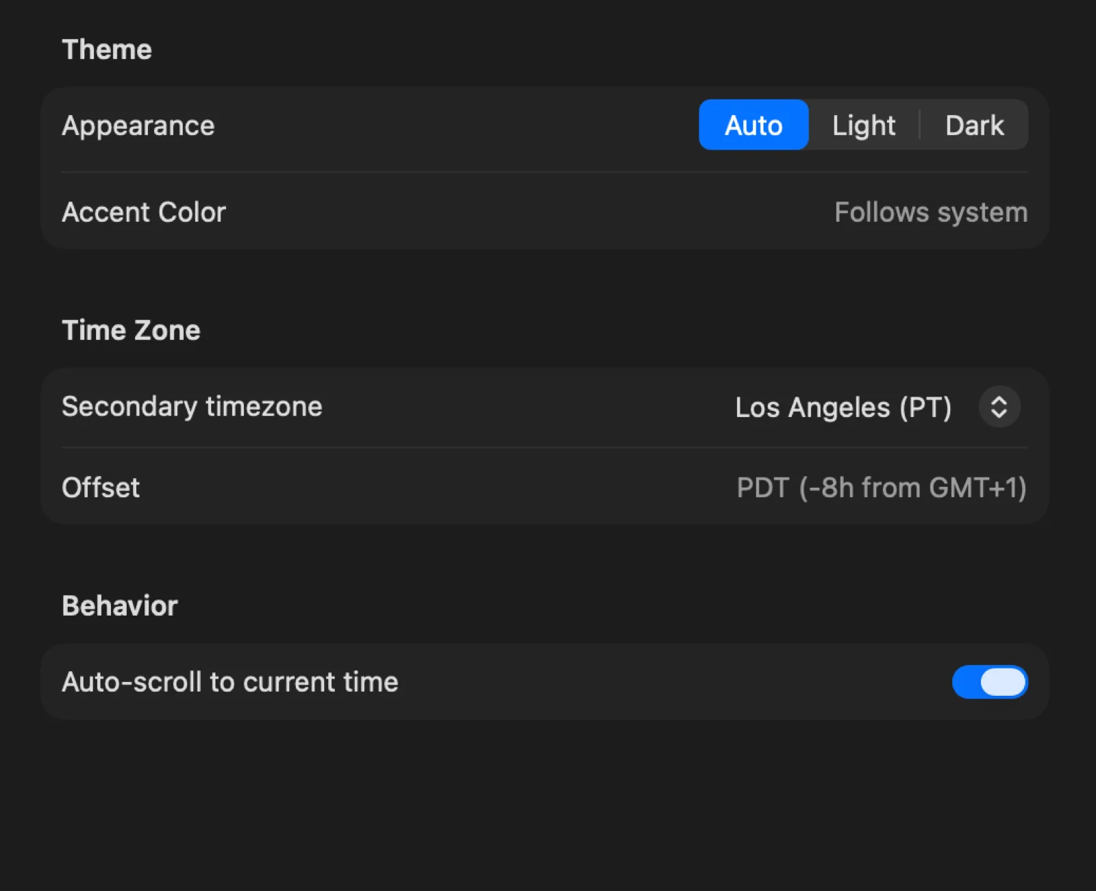 hora Calendar Settings with card-grouped Theme, Time Zone, and Behavior sections on macOS