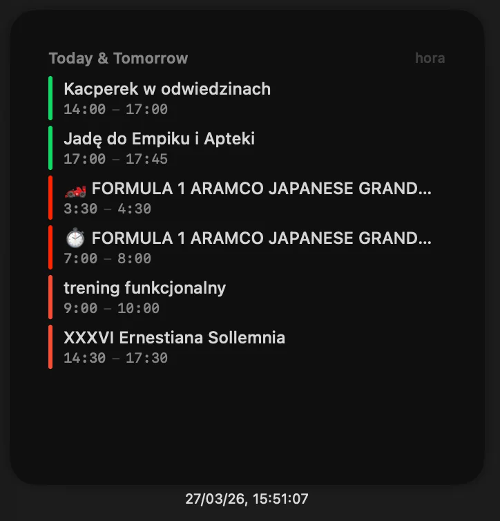 hora Calendar WidgetKit macOS widget showing today and tomorrow agenda with calendar colors