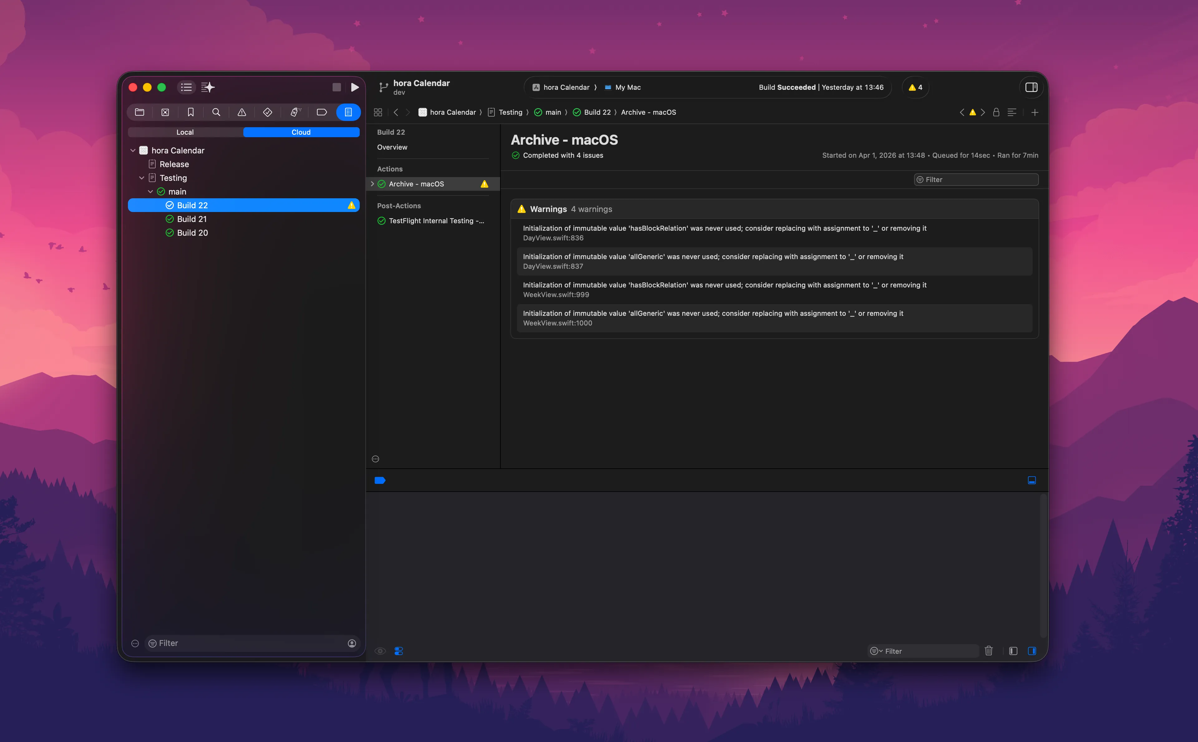 Xcode Cloud build pipeline for hora Calendar