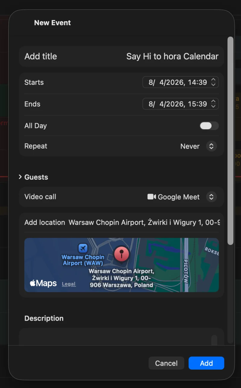 hora Calendar — Event creation and drag & drop
