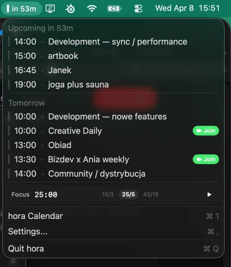 hora Calendar — Menu bar widget with upcoming events