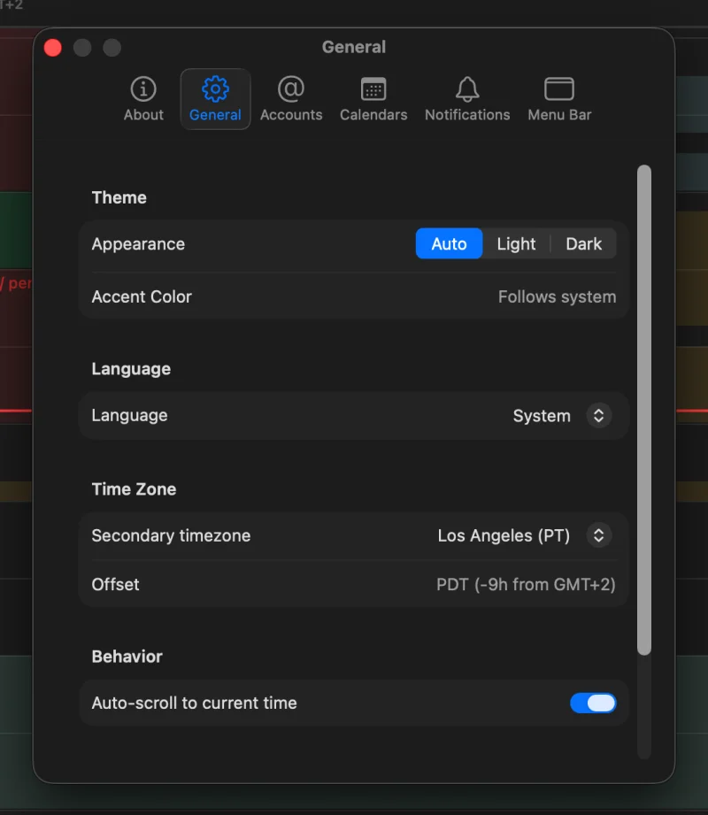 hora Calendar — Appearance and language settings