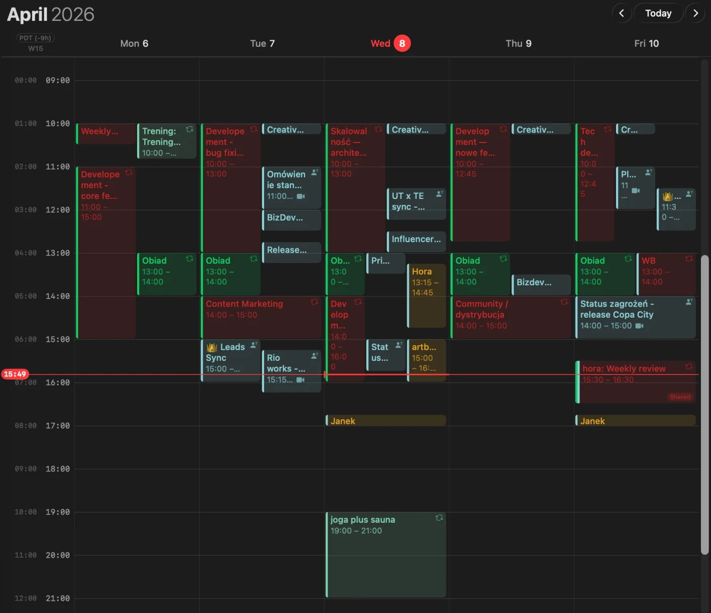 hora Calendar — Week, Month, and Day views