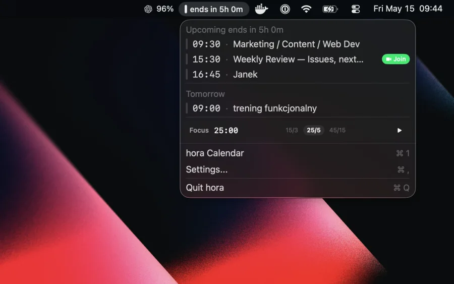hora Calendar menu bar popover